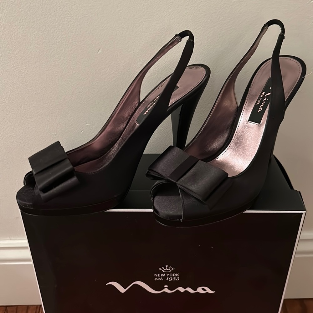 Nina black peep toe bow heels